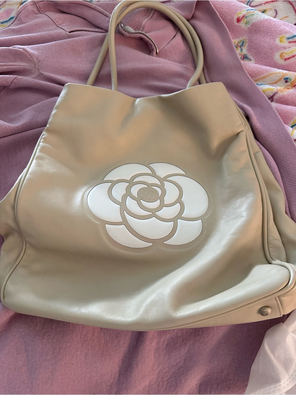 CHANEL Cream Shoulder Bag with White Camellia Motif